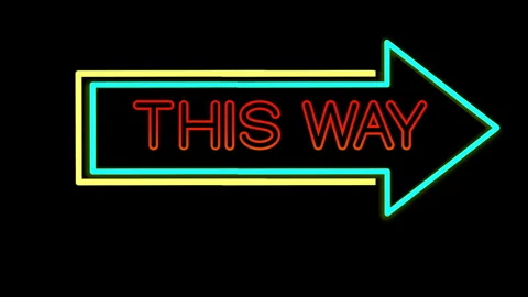 Graphical, flickering neon sign of arrow facing right with title 'THIS WAY' Stock Footage 339087617