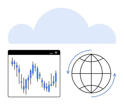 Graphical interface displaying stock market trends alongside a global network Illustrazione stock