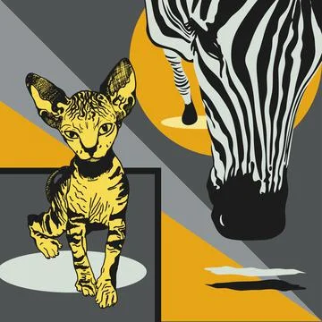 Graphical poster with head zebra closeup and cat sphinx on geometric background Stock Illustration