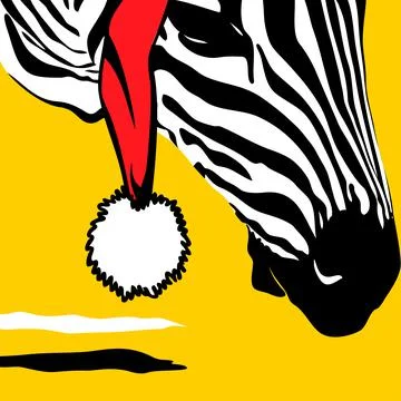 Graphical poster with head zebra in Santa Claus closeup on yellow background, Stock Illustration