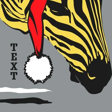Graphical poster with yellow head zebra in Santa Claus closeup on gray backgr Stock Illustration