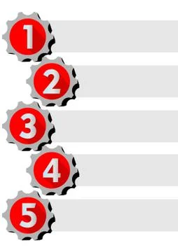 Graphical presentation of the working process in five steps with gear element Stock Illustration