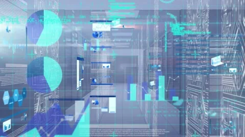 Graphical representation and computer programming with server room in background 库存影片 329510986