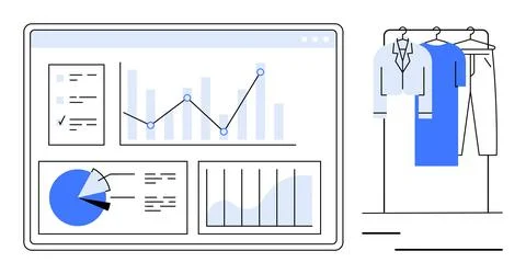 Graphical representation of a data analytics dashboard with charts, graphs, a Stock Illustration