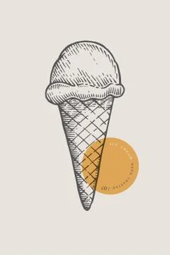 Graphically hand-drawn ice cream in a waffle cone. 스톡 일러스트