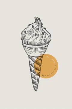 Graphically hand-drawn ice cream with a scattering in a waffle cone. 스톡 일러스트