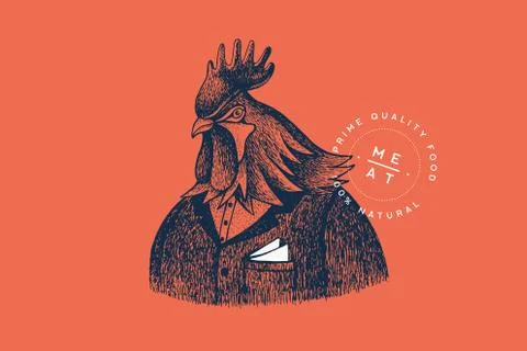 Graphically hand drawn rooster in a suit on a red background. 스톡 일러스트
