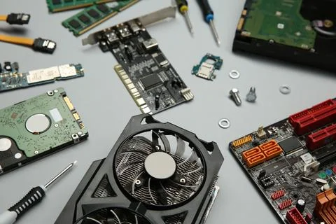 Graphics card and other computer hardware on light background, above view 스톡 사진
