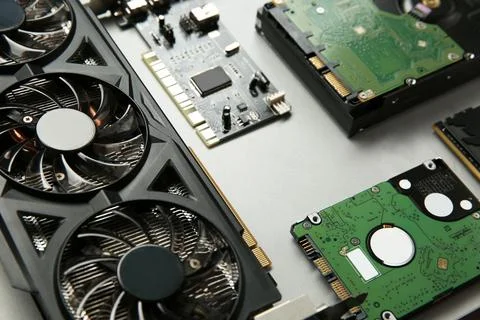 Graphics card and other computer hardware on gray background, closeup Foto stock