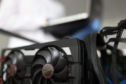 Graphics card in engineering mining farm closeup background Stock Photos