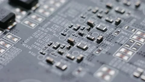 Graphics card GPU circuit board, capacitors and fuses, microchip and transist Stock Footage 170614916