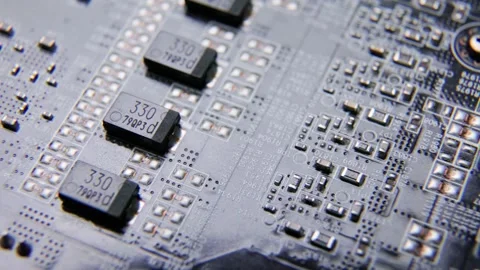 Graphics card GPU circuit board, capacitors and fuses, microchip and transist Stock Footage 170614964