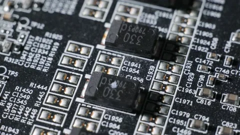 Graphics card GPU circuit board, capacitors and fuses, microchip and transist Stock Footage 170614998