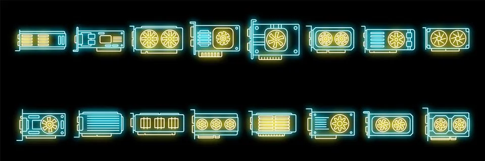 Graphics card icons set vector neon Stock Illustration