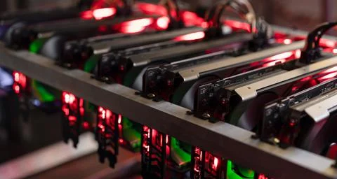 Graphics card for mining for bitcoin mining farm Stock Photos