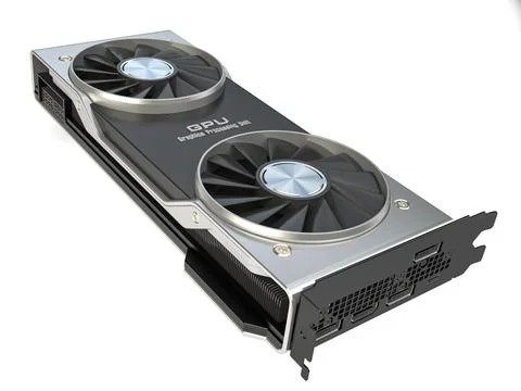 Graphics card. Modern gaming  GPU graphics processing unit isolated on white. Illustrazione stock