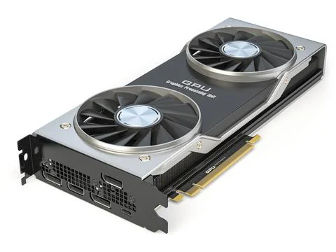 Graphics card. Modern gaming  GPU graphics processing unit isolated on white. Illustrazione stock