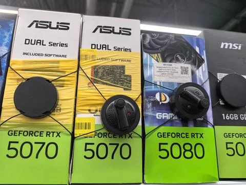 Graphics cards on display showcasing the latest technology in gaming hardware Stock Photos
