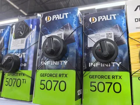 Graphics cards on display at a technology store showcasing GPU options Stock Photos