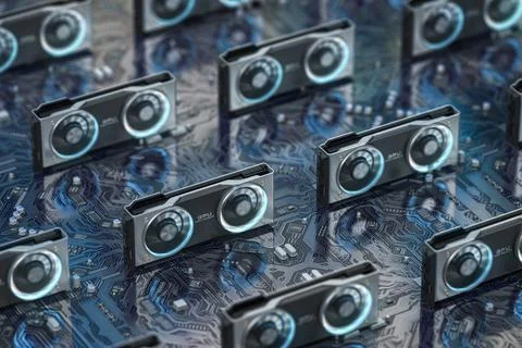 Graphics cards GPU standing in a row in bitcoin mining farm or 3d render farm Stock Illustration