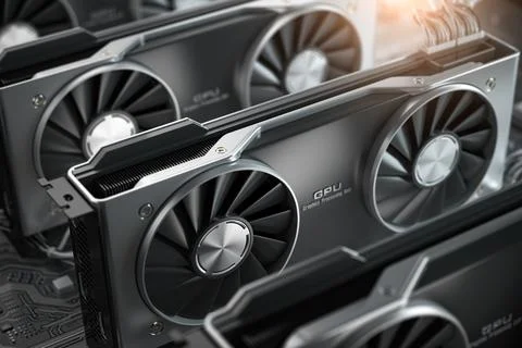 Graphics cards GPU standing in a row in mining farm or 3d render farm. IT har Stock Photos