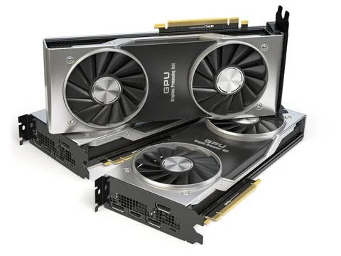 Graphics cards. Modern gaming GPU graphics processing units isolated on wh... Stock Photos