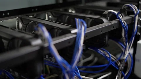 Graphics cards standing in a row in mining farm. Stock Footage 94762445