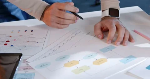 Graphics, charts and numbers checking. Close up. Over the table in office Stock Footage 180065761