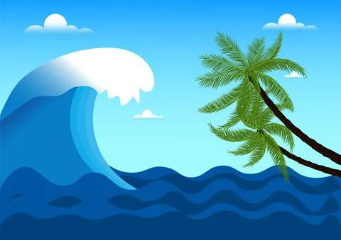 Graphics design drawing ocean wave, coconut tree vector illustration Stock Illustration