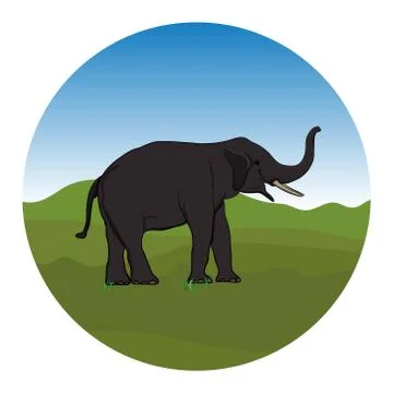 Graphics design logo elephant standing with mountain background Stock Illustration