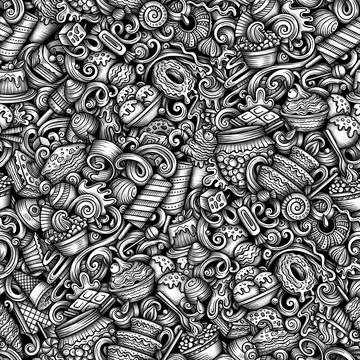 Graphics doodle Desserts seamless pattern. Stock Photos