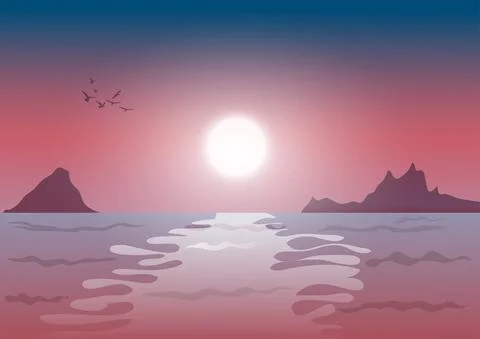 Graphics drawing Design Landscape view Beach at sunset and the moon Stock Illustration