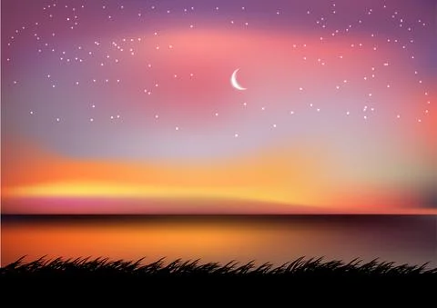 Graphics drawing landscape view outdoor nature moon sky and star Ilustração Stock