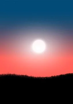 Graphics drawing silhouette super moon at night with grass Stock Illustration