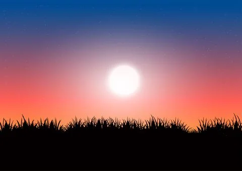 Graphics drawing silhouette super moon at night and grass on the ground Stock Illustration