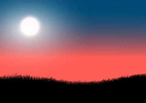 Graphics drawing silhouette super moon at night and grass on the ground Stock Illustration