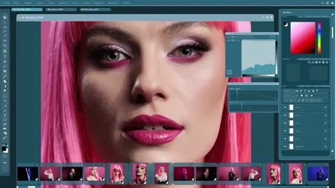 Graphics editor software interface used for professionally retouching woman Stock Footage 319507188