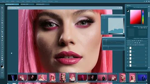 Graphics editor software interface used for professionally retouching woman 스톡 사진