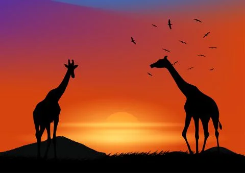 Graphics landscape view giraffe at the forest with mountain background Stock-Illustration