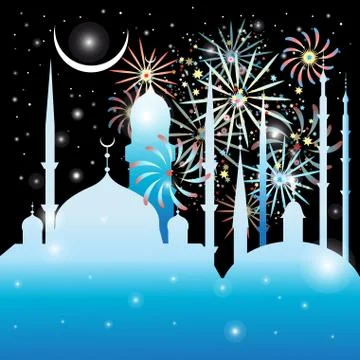 Graphics mosque and fireworks Illustrazione stock
