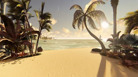 The graphics of paradise sandy beach of the sea are the sunset sunset Stock Footage 92488129