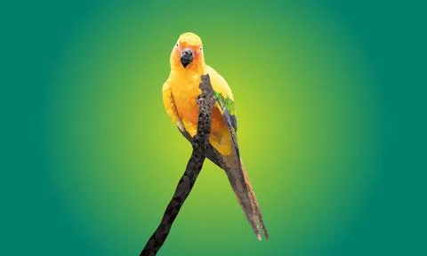 Graphics Polygon Image Parrot sitting on a branch isolated on green backgro.. 스톡 일러스트