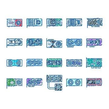 Graphics processing unit hardware doodle icon set Stock Illustration