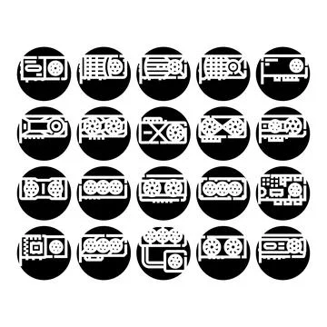 Graphics processing unit icons set on round black badges 스톡 일러스트