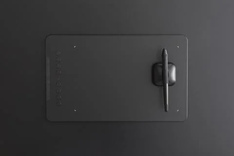 Graphics tablet on black leather background. Drawing concept. Flat lay compos Fotos de archivo