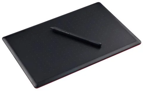 Graphics tablet with pen, fully in focus, isolated on white background. Stock Photos