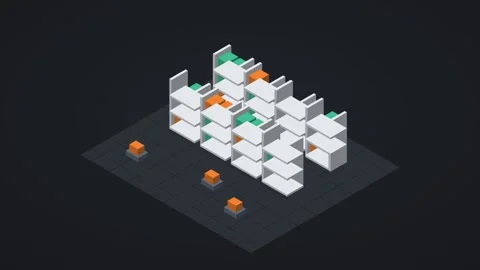 Graphite and orange isometric automated warehouse animation, seamless loop Stock Footage 346257986