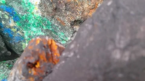 Graphite Raw Ore on Copper with Azurite, Malachite &amp;amp; Bornite Stock Footage 324552818