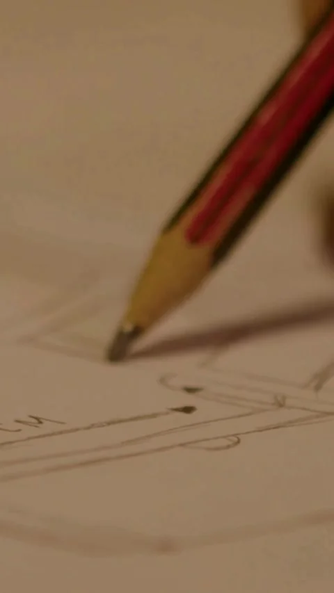 Graphite wooden pencil drawing technical lines on white paper Video stock 332041016