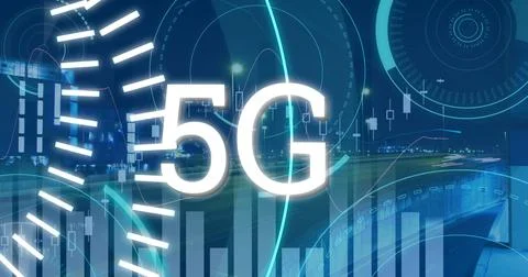 Graphs and 5G written in the middle of a futuristic circles 4k Illustrazione stock
